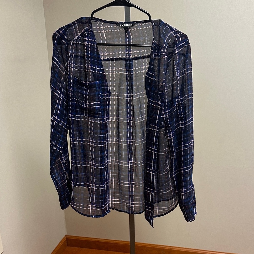 Express Blue and Pink Plaid Sheer Blouse